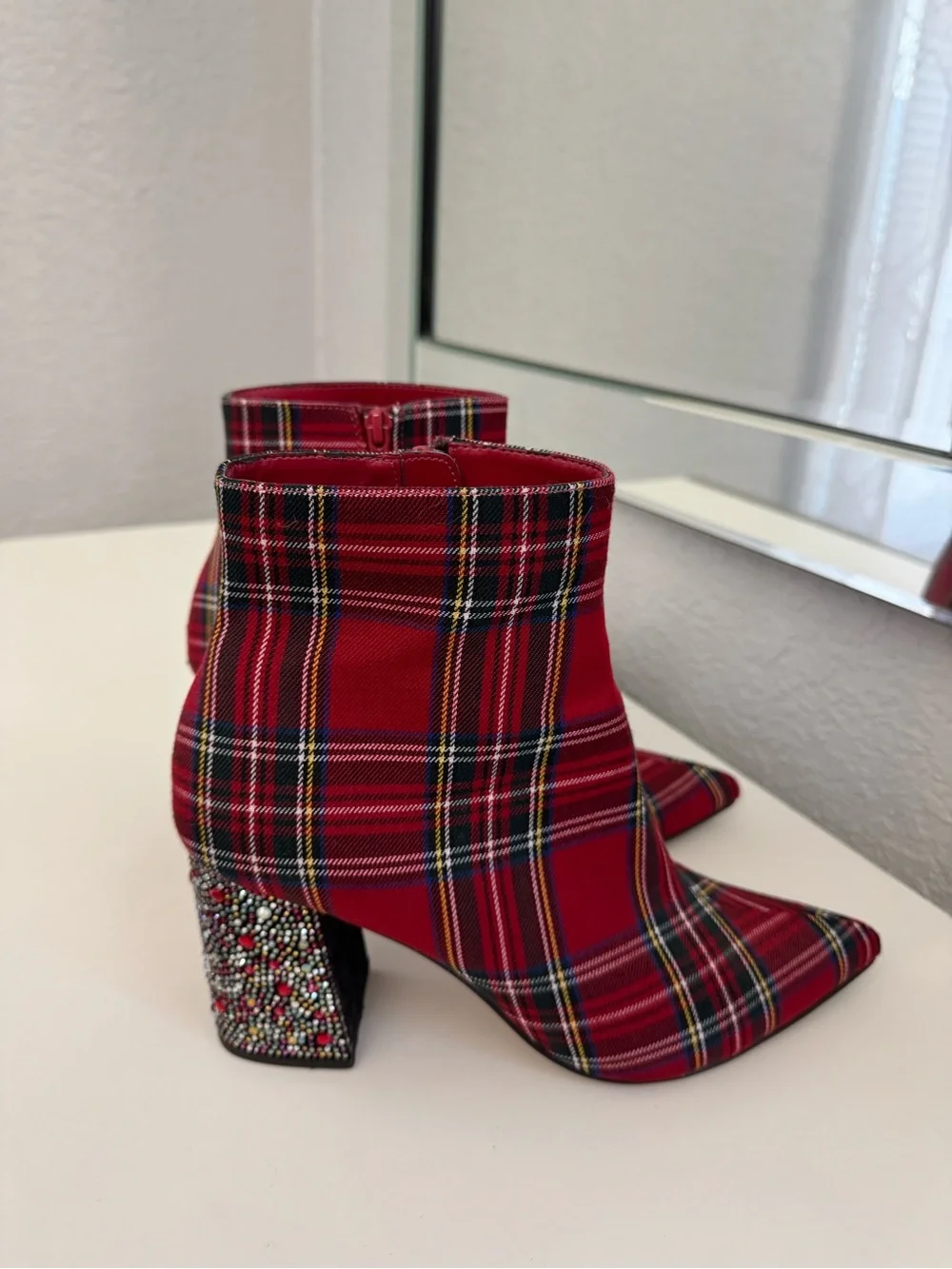 Betsey Johnson Red Plaid Ankle Boots with Embellished Block Heel